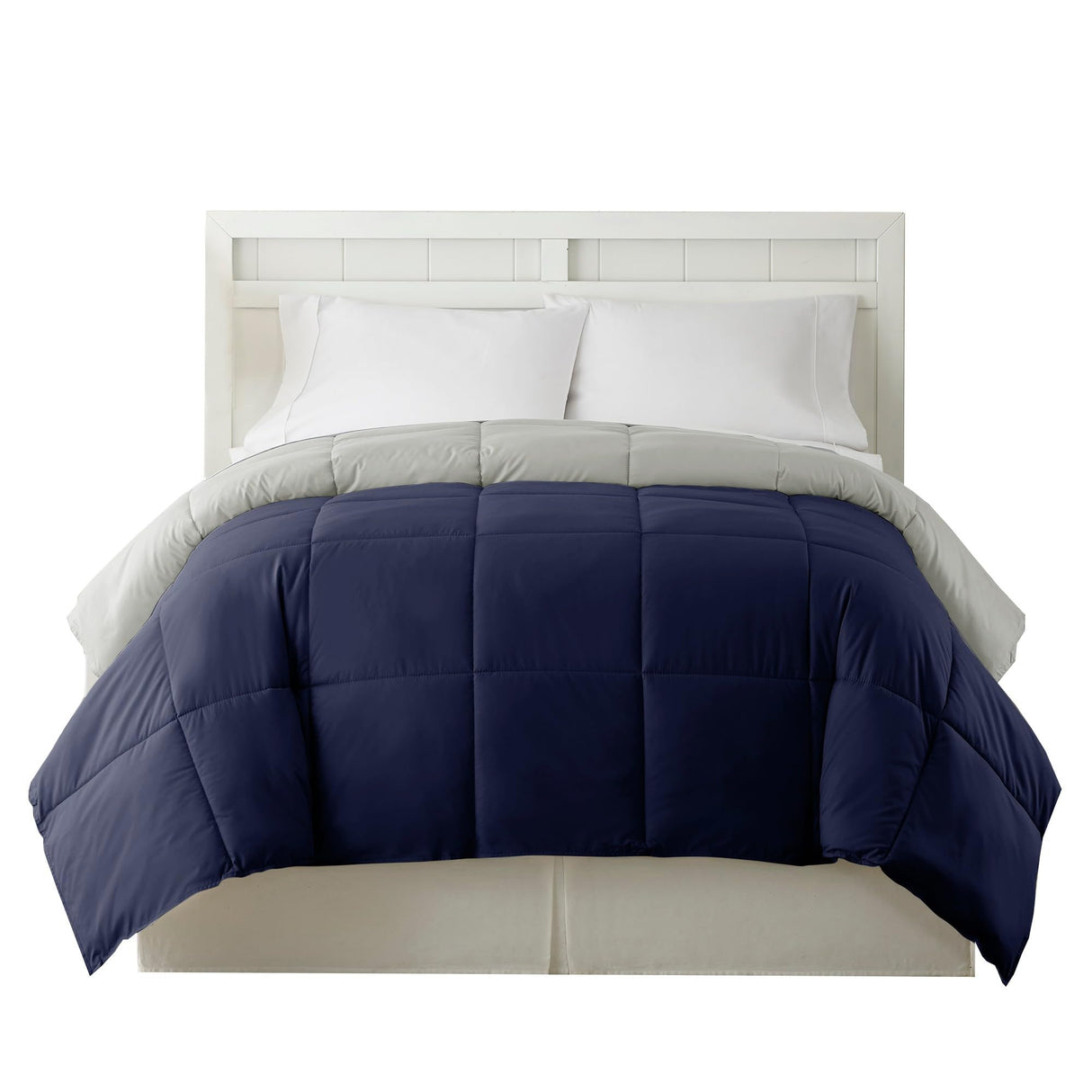 Genoa King Size Box Quilted Reversible Comforter, Silver and Blue