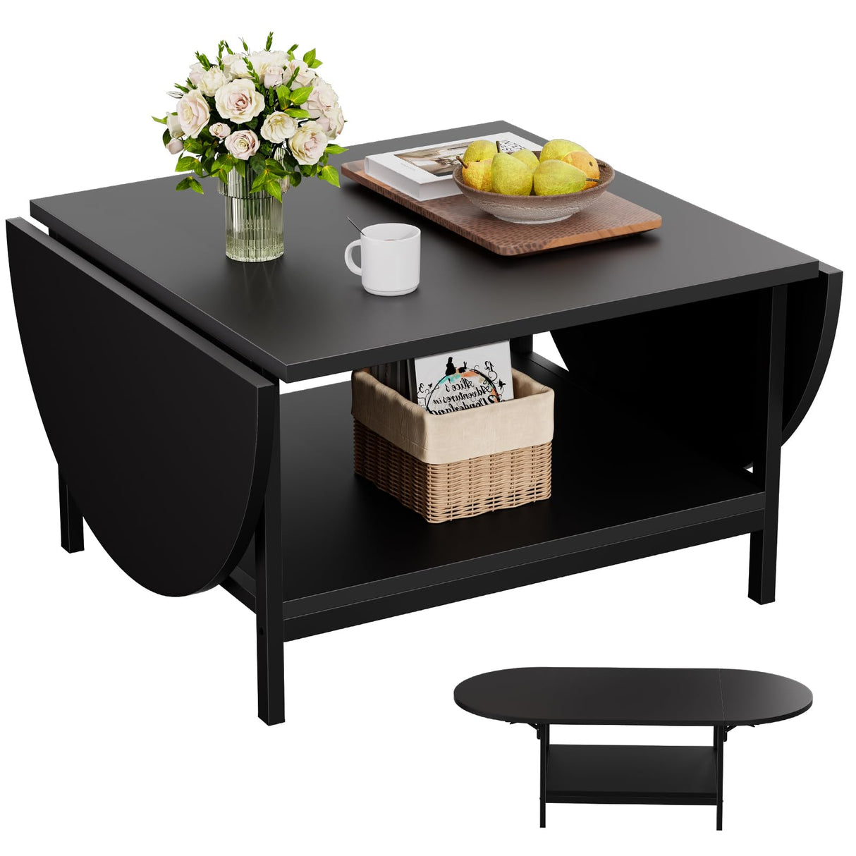 Black Coffee Table Modern Extended Coffee Tables with Storage for Living Room