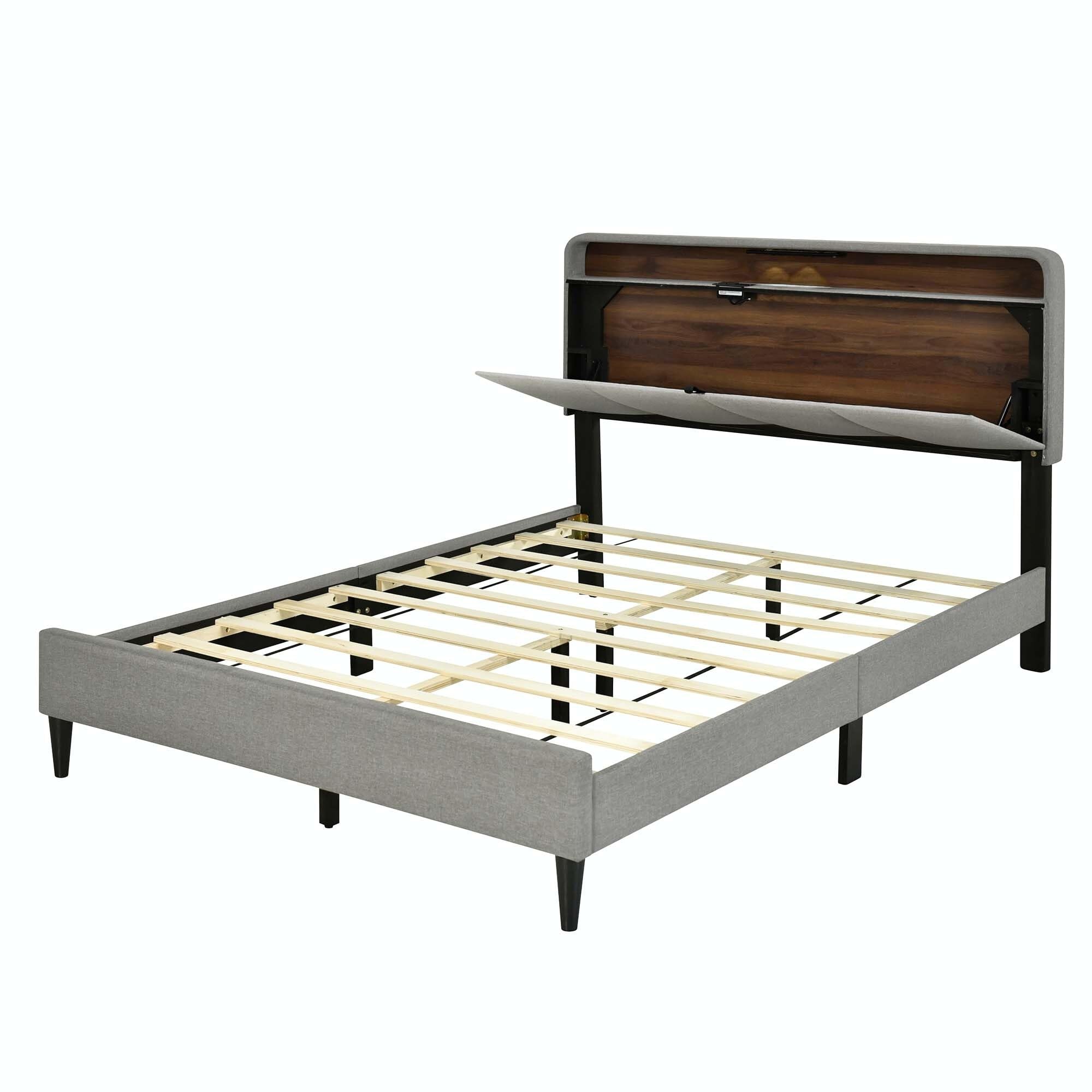 Upholstered Platform Bed with Storage Headboard and Sensor Light Beige - Queen