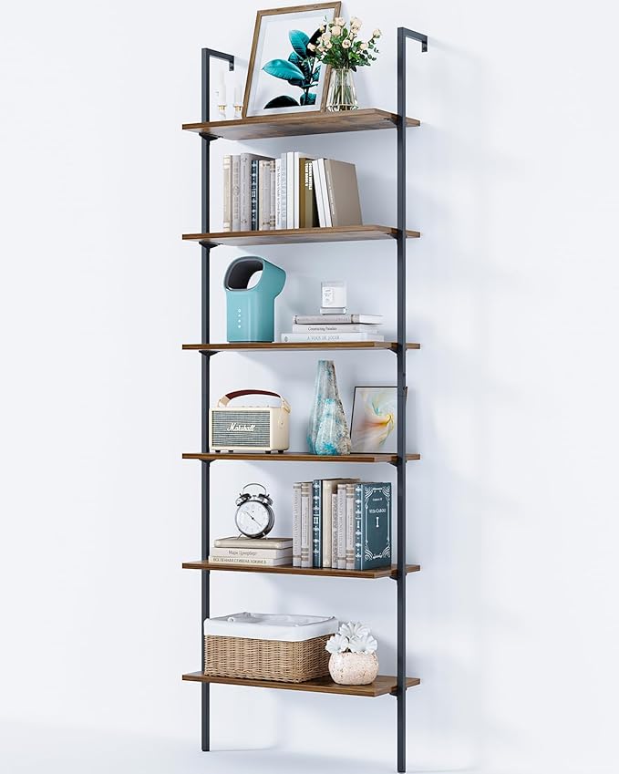 Ladder Shelf, 5 Tier Black Bookshelf, 72 Inch Wall Mounted Book Shelf