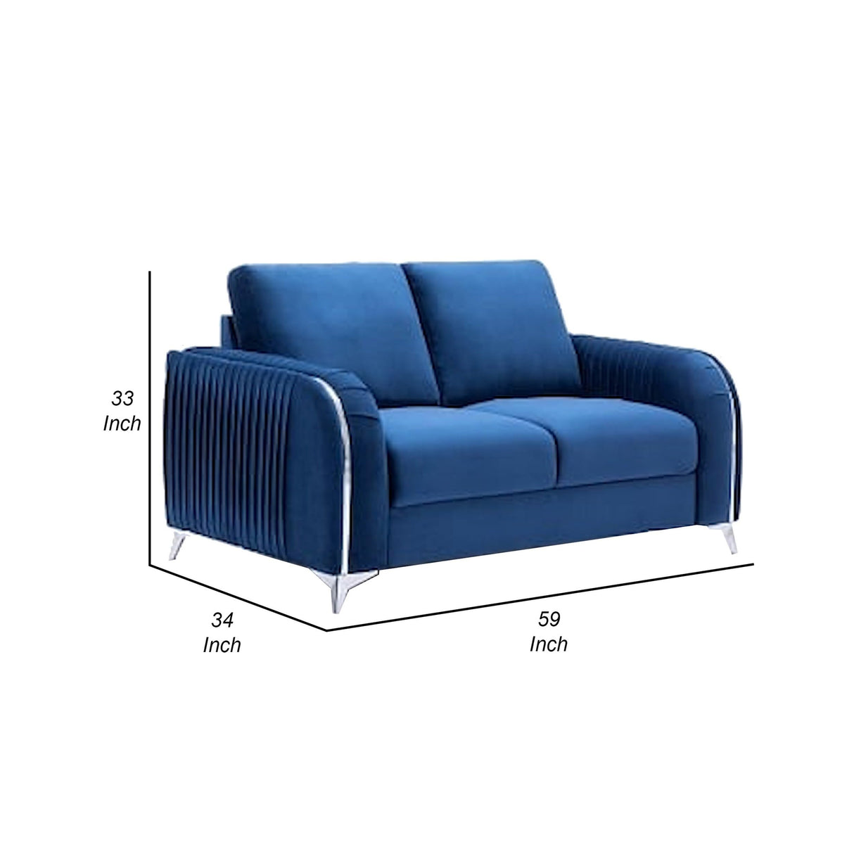 Wiena 59 Inch Loveseat, Velvet Upholstery, Solid Pine Wood, Blue and Chrome