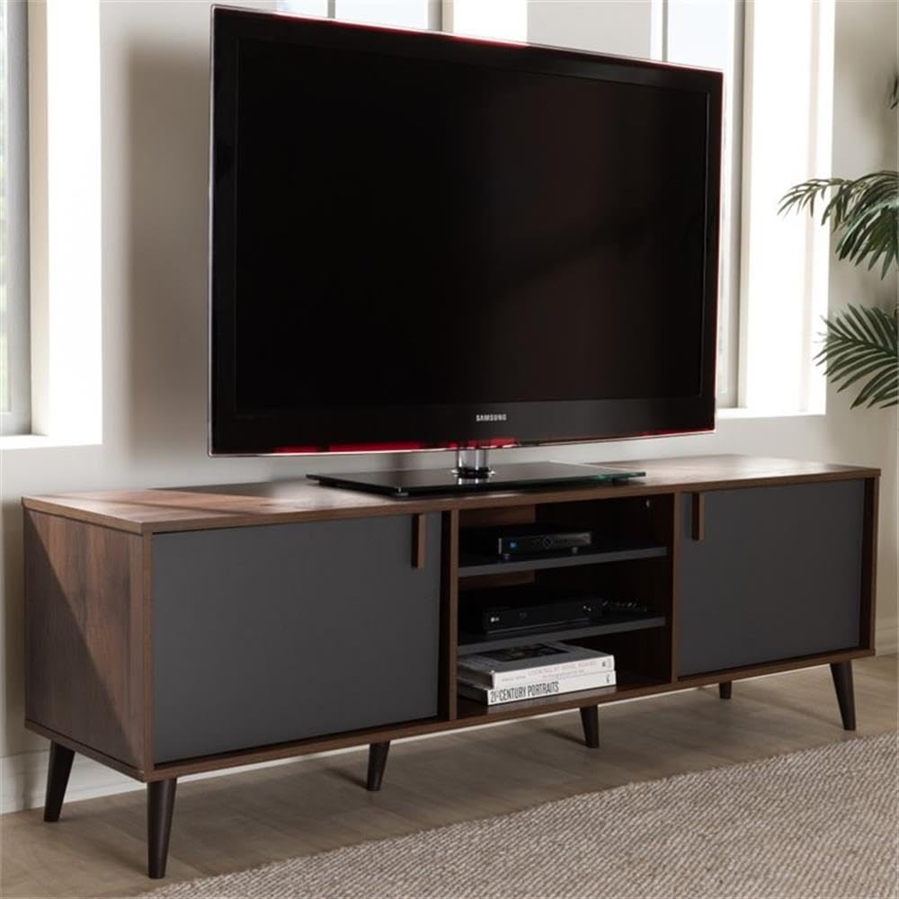 Samuel 5-Shelf Wood TV Stand, Walnut Brown and Dark Grey
