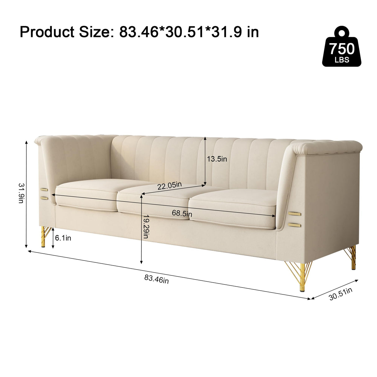 WeaArco 83 Inches 3 Seater Couch,Modern Velvet Sofa Couch with Gold Metal Legs,Mid-Century Modern Couch High Arm for Living Room,Bedroom,Office (Beige)