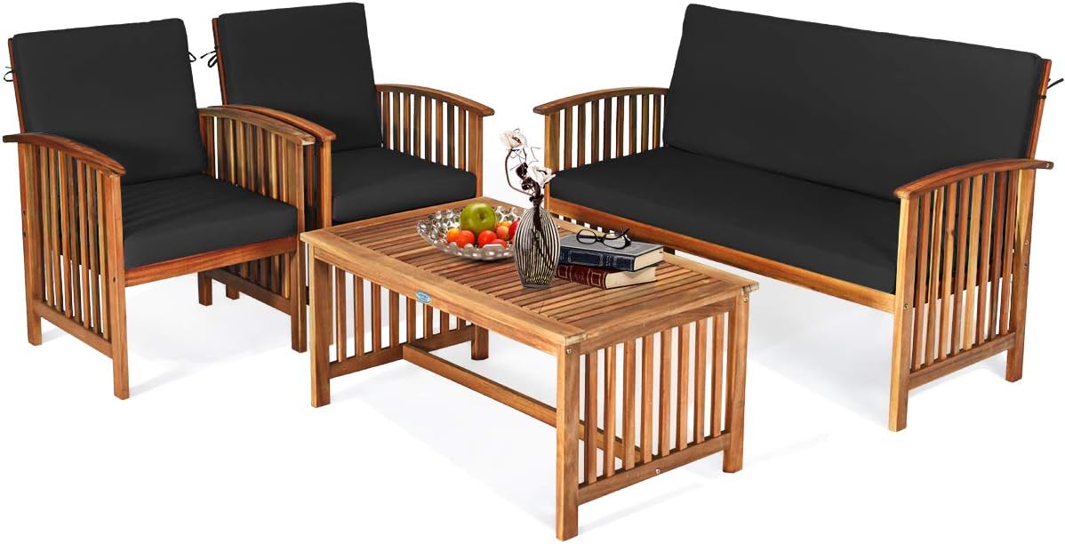 Outdoor 4 PCS Acacia Wood Sofa Set w/Water Resistant Cushions