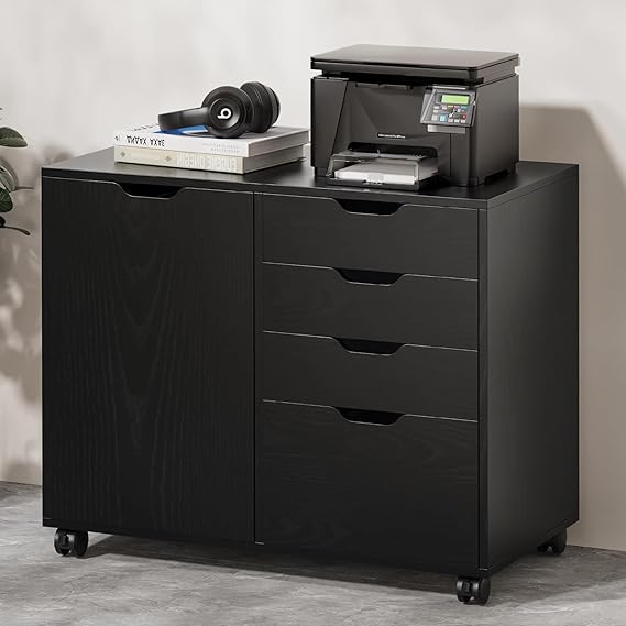 4-Drawer Wood Dresser for Bedroom, Black Mobile Storage Cabinet