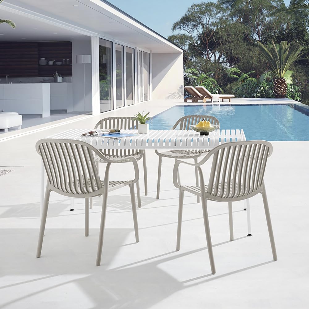 Modern Stackable Outdoor Dining Chairs, Grey Plastic with Arms, Set of 4 (Grey)