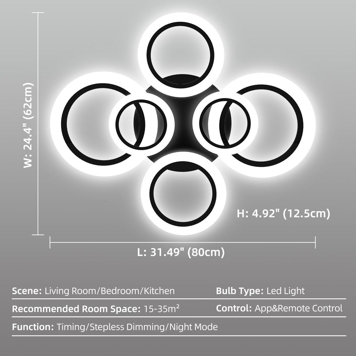 32" Modern LED Ceiling Light - Dimmable 6-Ring Semi Flush Mount