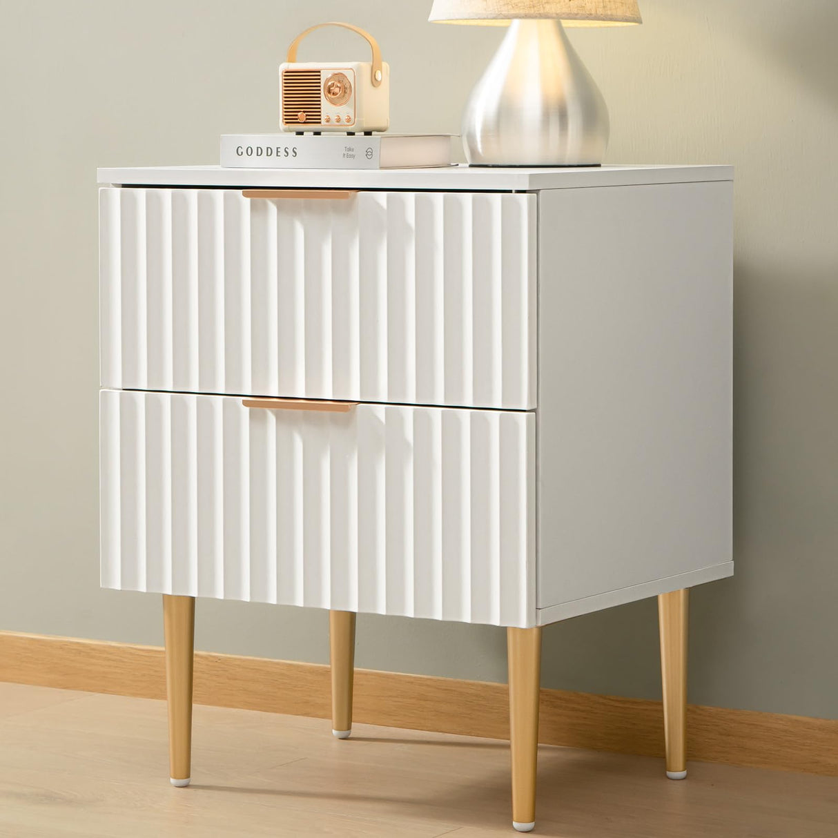 White Night Stand Set 2, Wide Fluted Nightstand