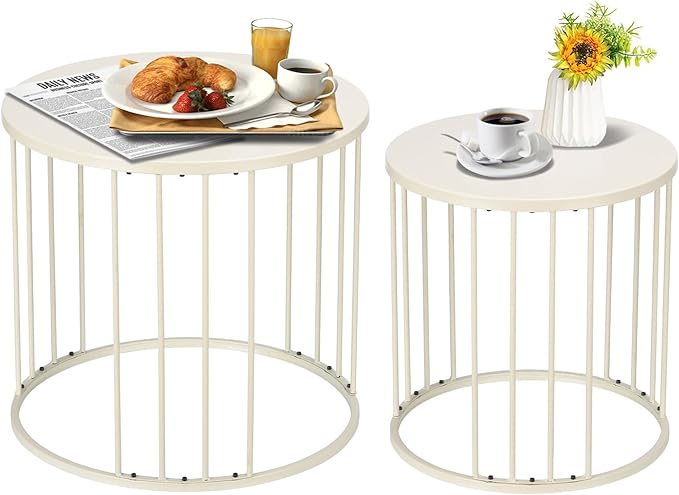 Outdoor Side Table Set of 2, Metal Circle Accent End Tables for Balcony Backyard Garden