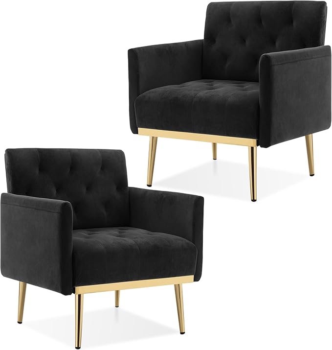 Green Velvet Accent Chairs Set of 2, Comfy Button Tufted Armchair, Upholstered Arm