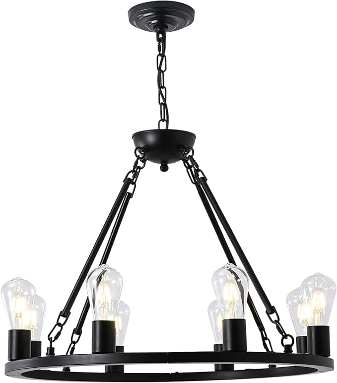 DOYFDOX 48-inch Black Wagon Wheel Chandelier, E26 16-Light Large Round Rustic Farmhouse Chandelier for High Ceilings, Living Room Foyer Entryway Hallway Villa
