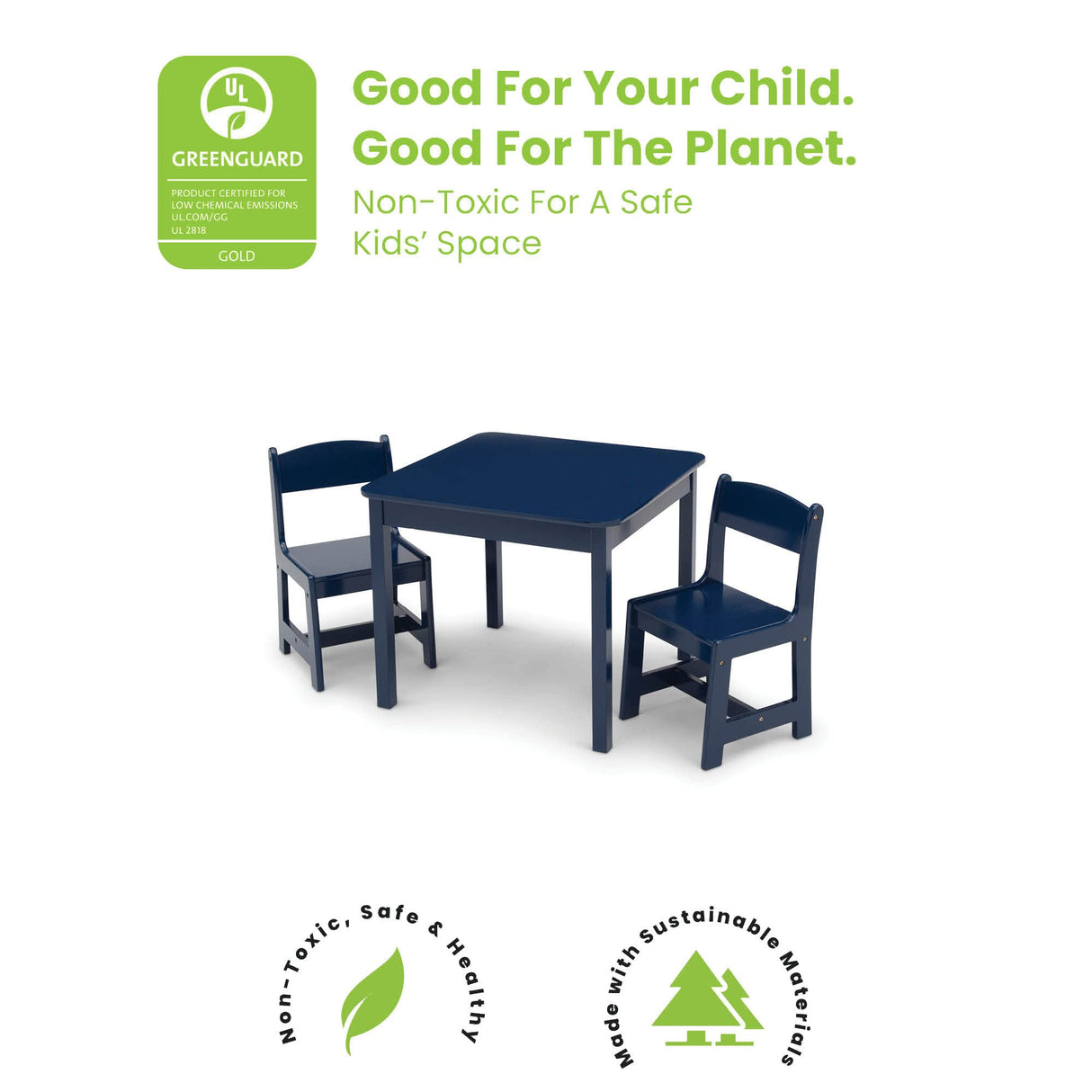 MySize Kids Wood Table and Chair Set (2 Chairs Included), Deep Blue