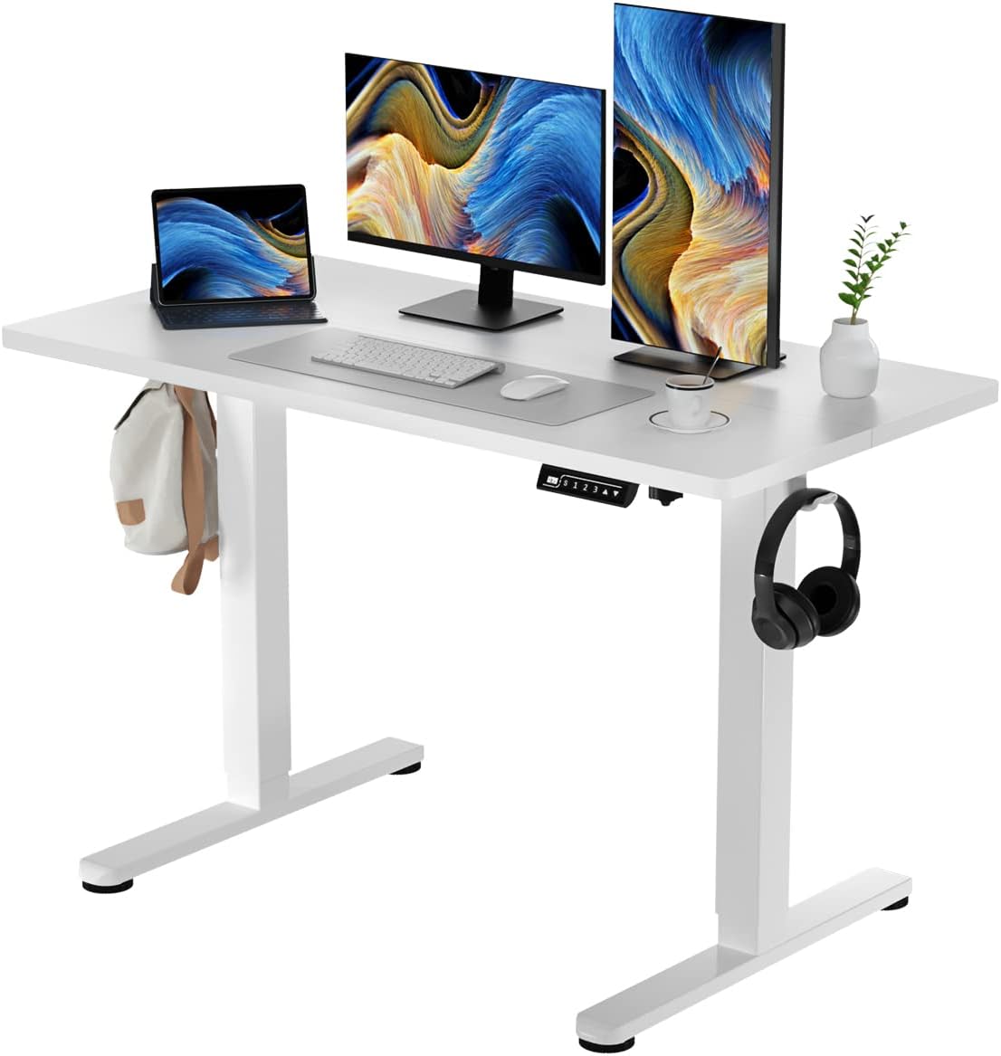 White Standing Desk, 48 X 24 Inch Adjustable Height Electric Desk, Sit Stand Desk with Splice Board and 2 Hooks