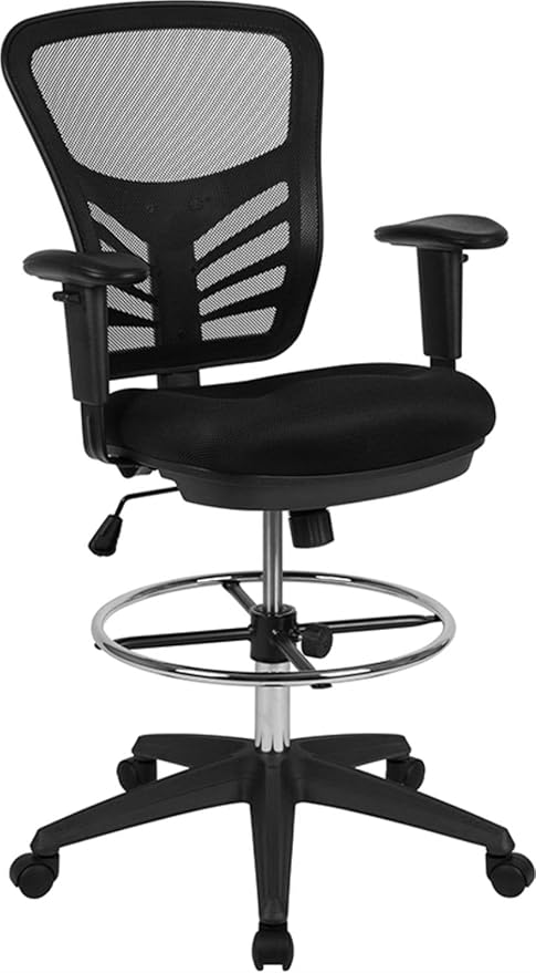 Mid-Back Light Gray Mesh Ergonomic Drafting Chair with Adjustable Chrome Foot Ring, Adjustable Arms and White Frame