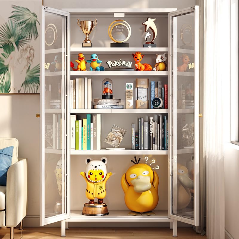 Display Cabinet Bookcase, Metal Storage Cabinet with 2 Doors & 4 Adjustable Shelves, Modern Floor Utility Locker Cabinet for Office, Living Room, Utility Room