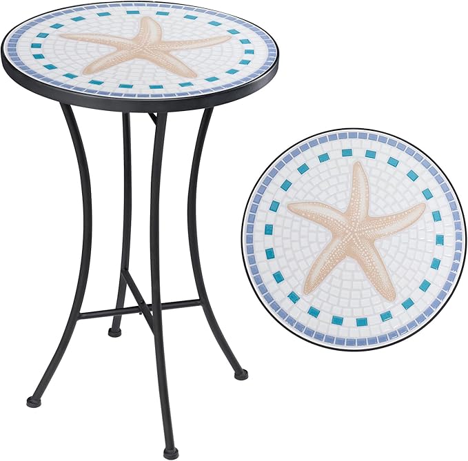 Mosaic Outdoor Side Table, 14" Round Folding Plant Stand for Patio Garden Backyard