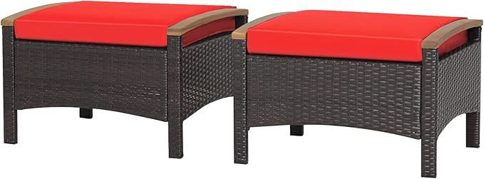 Outdoor Wicker Ottomans for Patio - 2 Pieces PE Rattan Ottoman