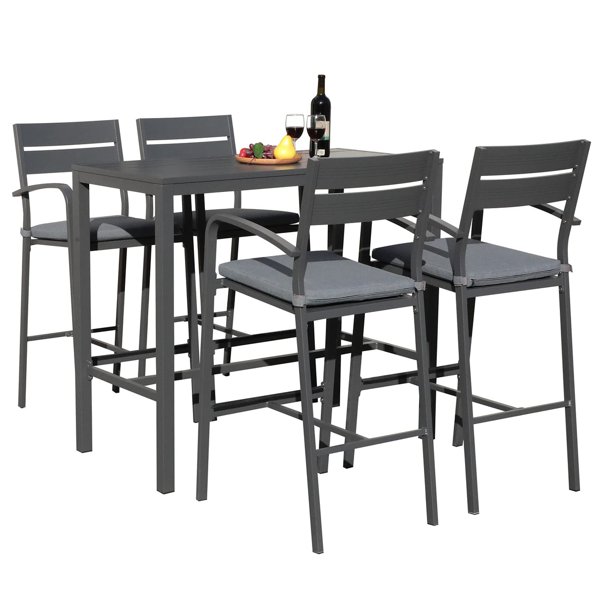 Outdoor Aluminum 5-piece Bar Set, Dining Bistro Pub Set, Patio Bar Height chairs