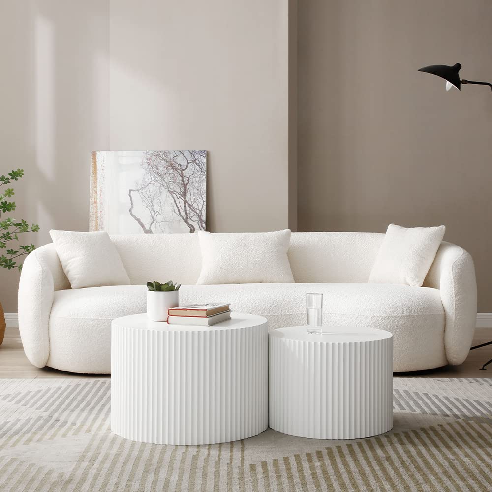White Round Coffee Table Set of 2, Nesting Coffee Tables for Living Room