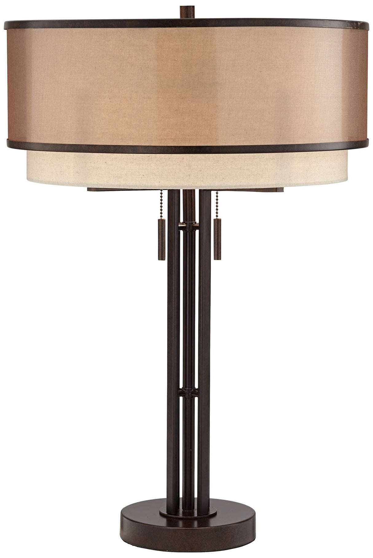 Franklin Iron Works Andes Modern Industrial Table Lamp 27 1/2" Tall Oil Rubbed Bronze Brown Metal Stacked Double Fabric Drum Shade for Bedroom Living Room House Home Bedside Nightstand Office Kids