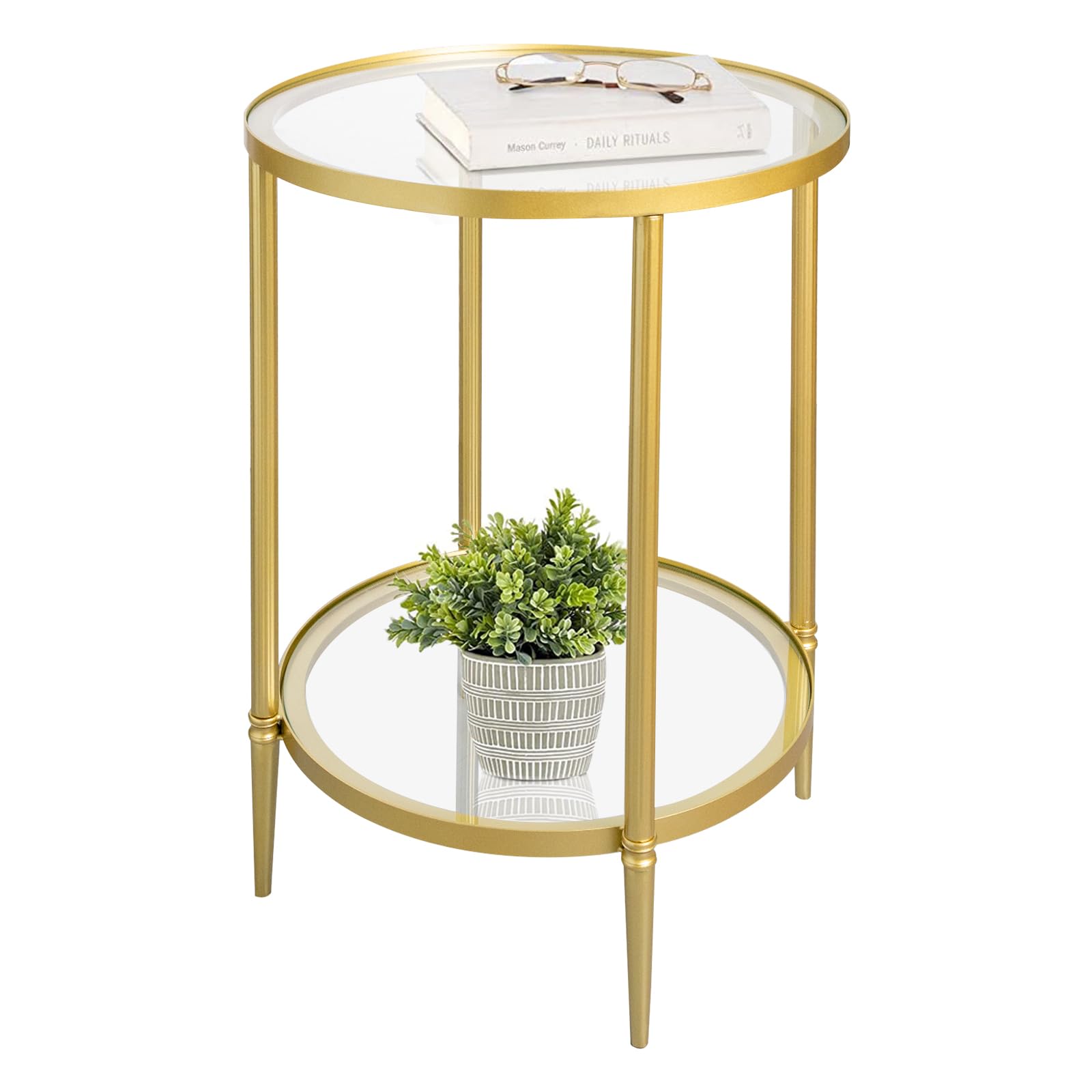 2 Tier Round Side Table, Gold End Table with Glass Top, Modern Metal Clear Coffee Table
