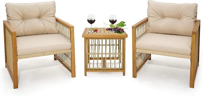 3 Pieces Acacia Wood Patio Furniture Set, PE Wicker Bistro Set