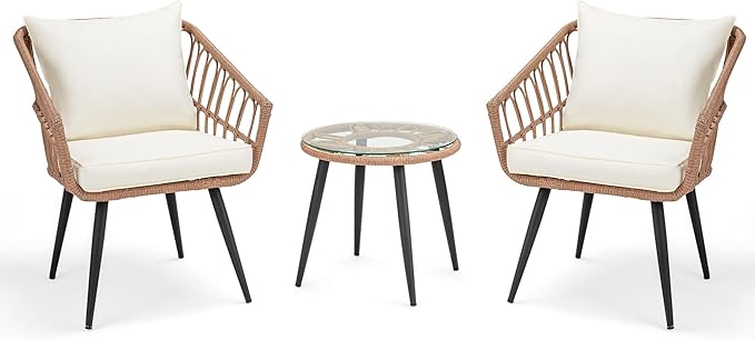 3 Piece Patio Rattan Bistro Set, Outdoor All Weather Wicker Furniture Chairs