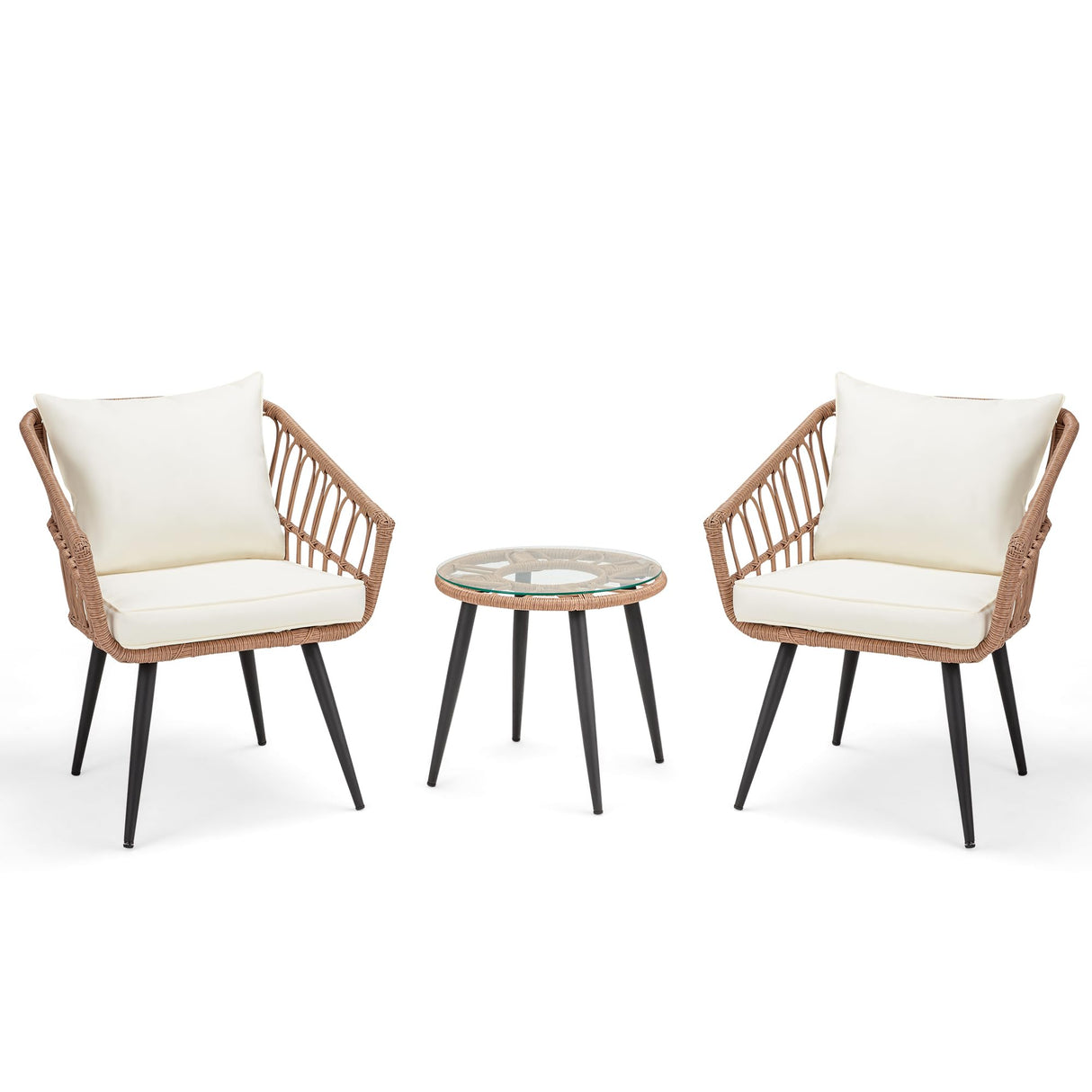 Wicker Patio Bistro Set - 3-Piece Glass Top Table with Cushioned Chairs