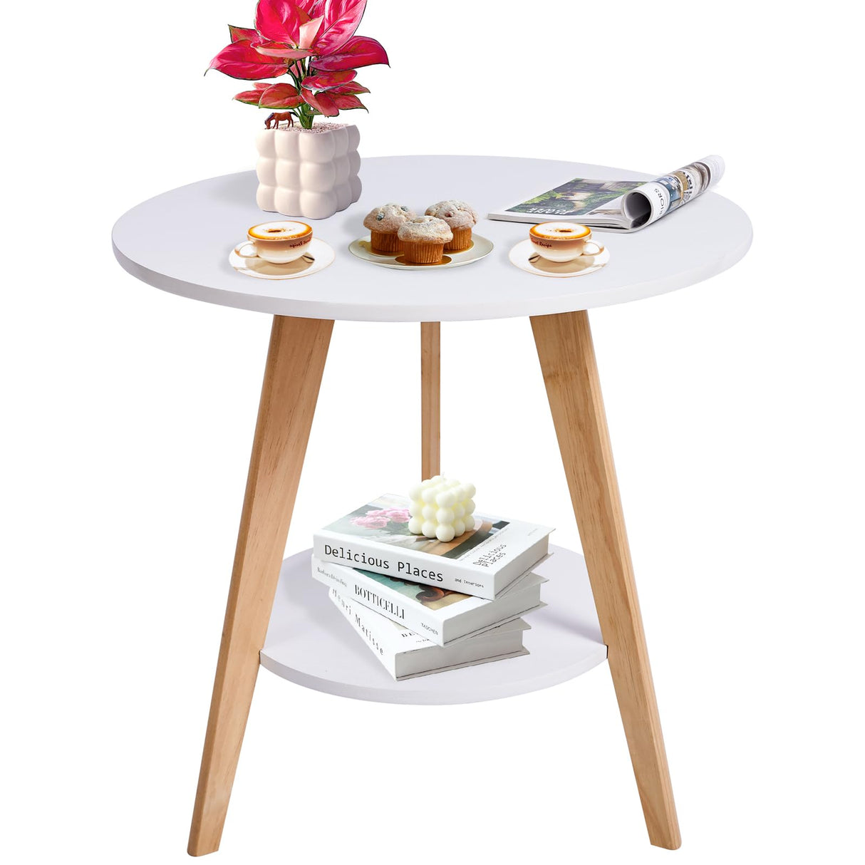 Round Wooden Coffee Table, 2-Tier Modern Minimalist Design