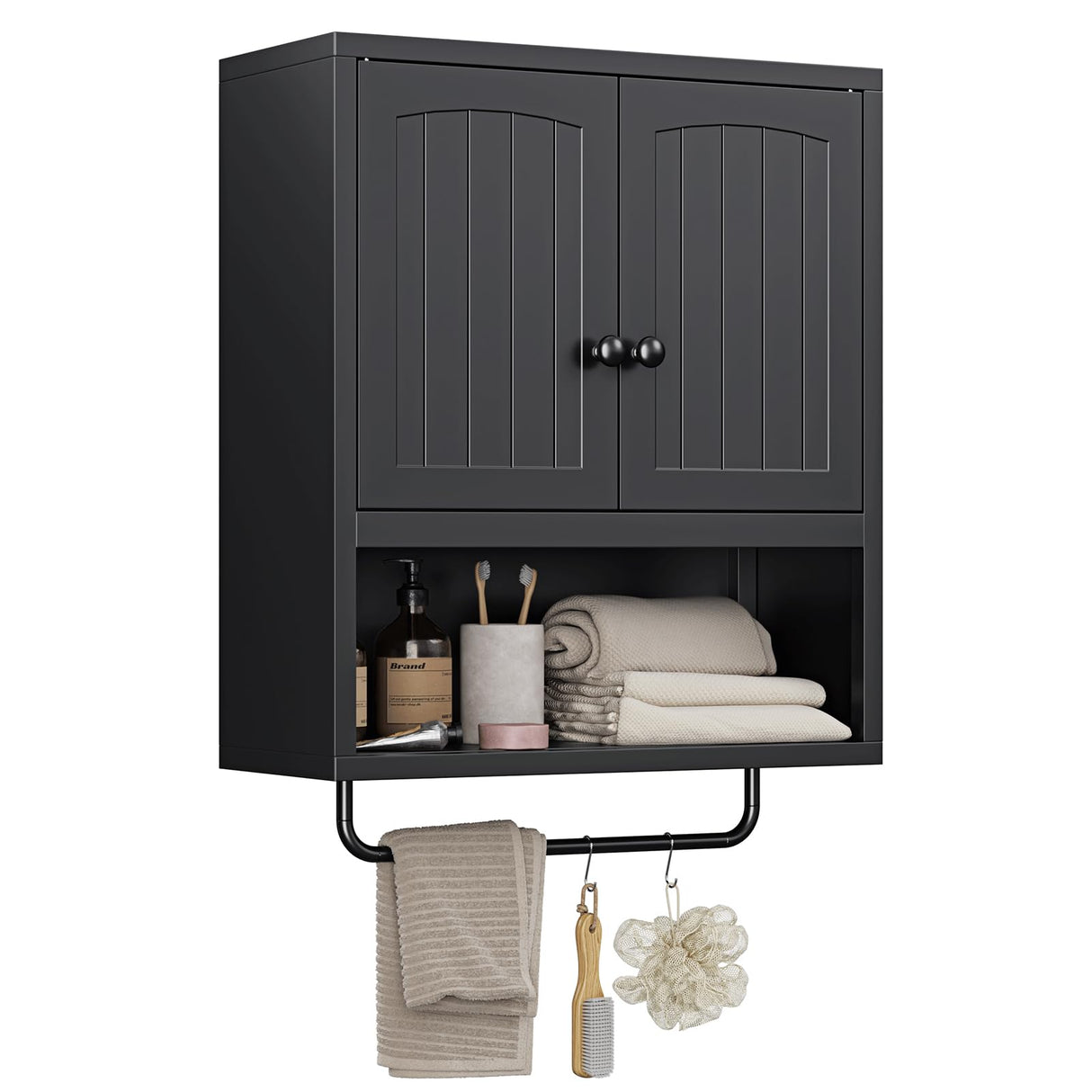 Black Metal Bathroom Wall Cabinet with 2 Doors,Metal Medicine Cabinet with Towel Rack