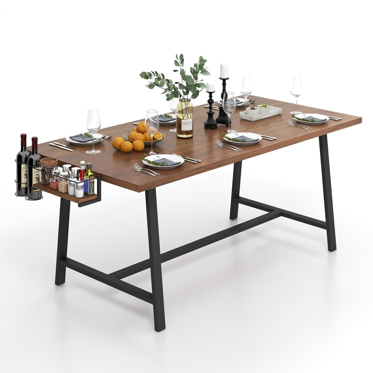Dining Table for 5-7 People, 72” Large Wooden Kitchen Table with Wine Rack and Spice Rack