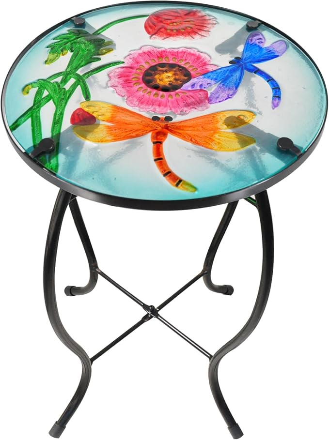 Patio Side Table Outdoor Metal Accent Table Round Glass Balcony Plant End Table Garden