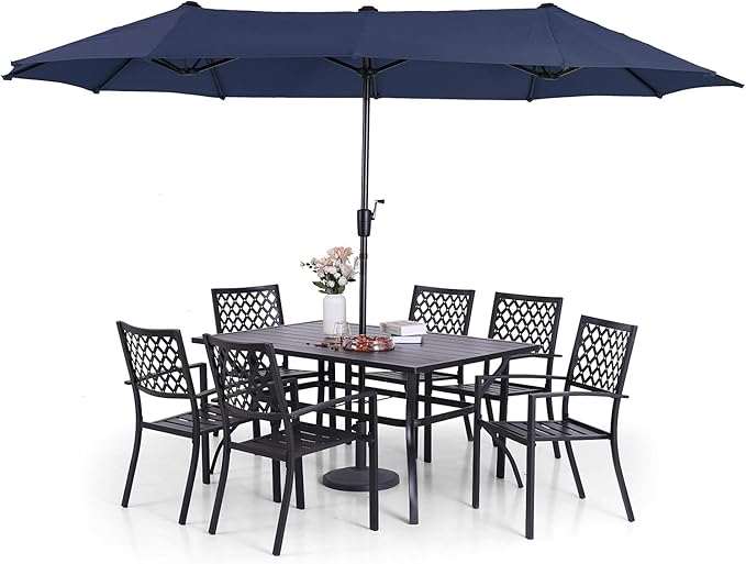 Metal Outdoor Patio Dining Set 6 PCS with 10ft 3 Tier Auto-tilt Umbrella(Orange Red)