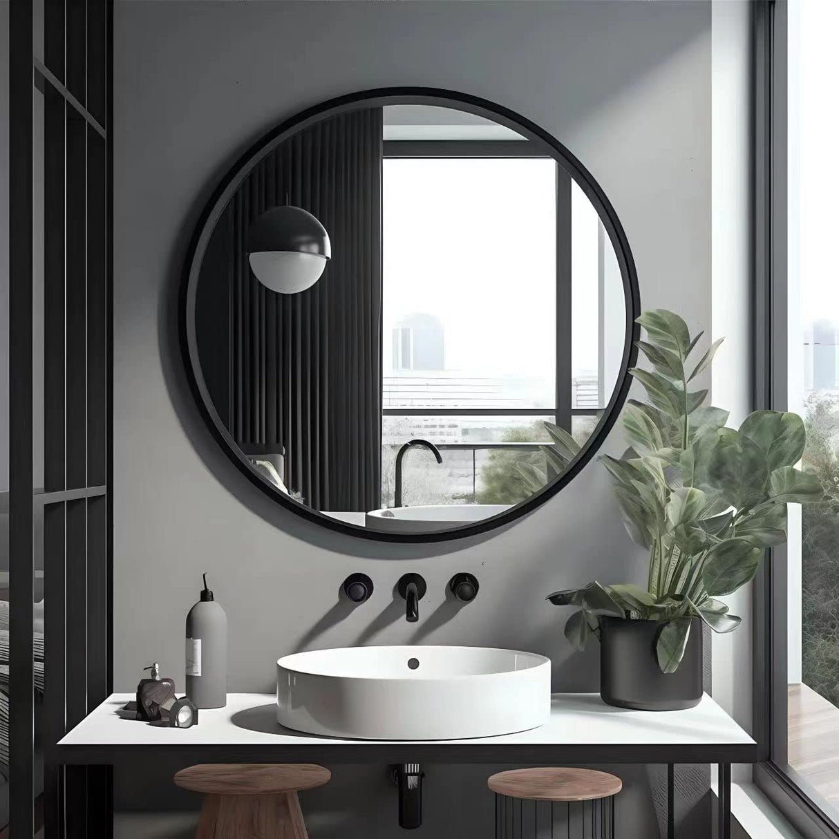 Black Round Mirror – Modern Vanity Mirror with Metal Frame