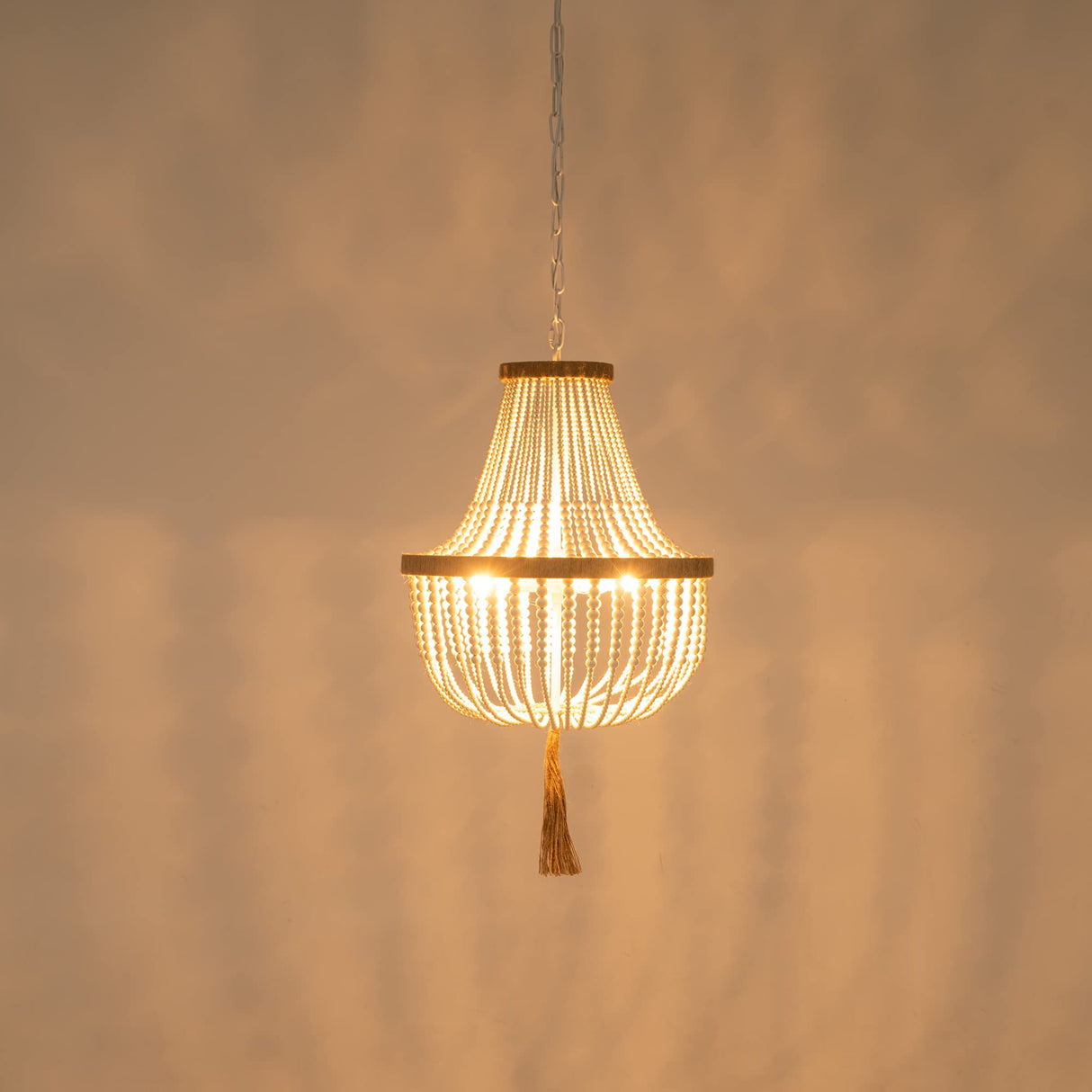 4 Lights Wood Beaded Farmhouse Chandelier with Tassels Bohemia Antique Rustic