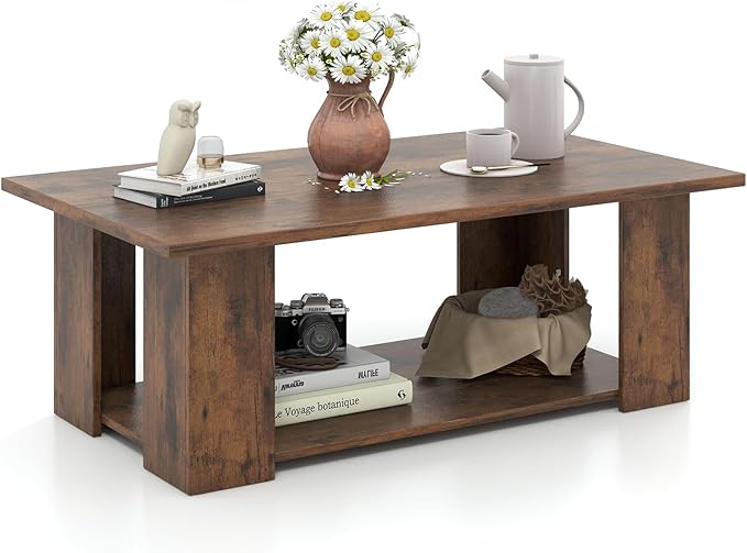 2-Tier Coffee Table, Modern Rectangular Center Cocktail Table with 5 Support Legs