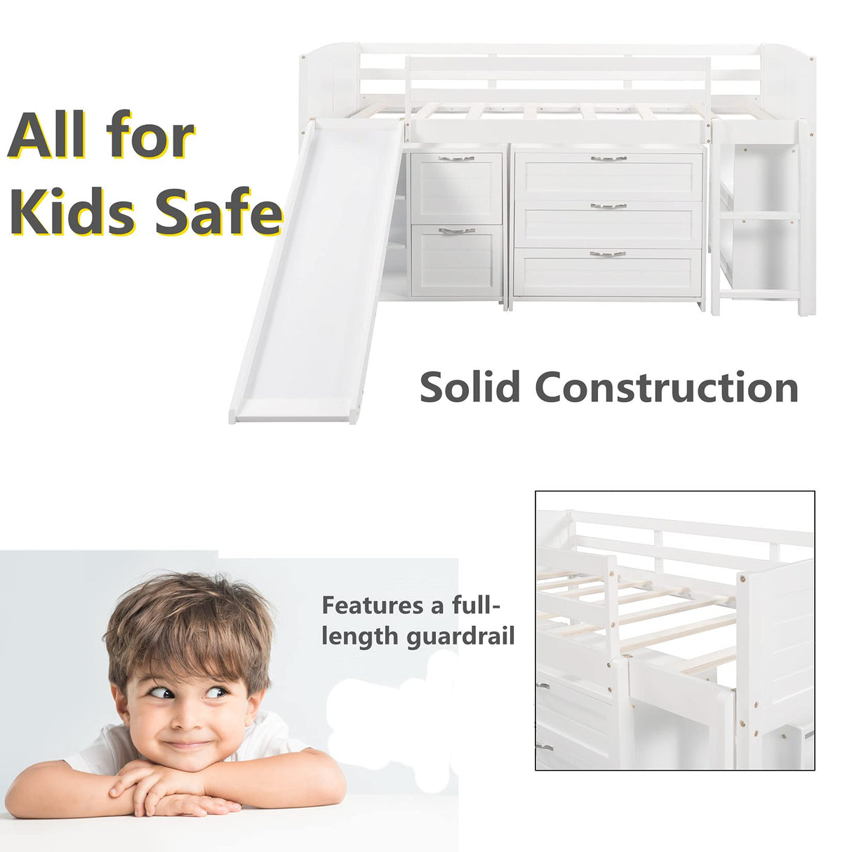 Slide and Storage Twin Loft Bed Frame with Cabinet Drawers and Book Shelves, Wooden