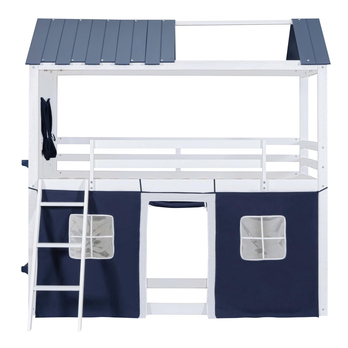 Twin Bunk Wood House Bed with Elegant Windows, Sills and Tent, Blue+White
