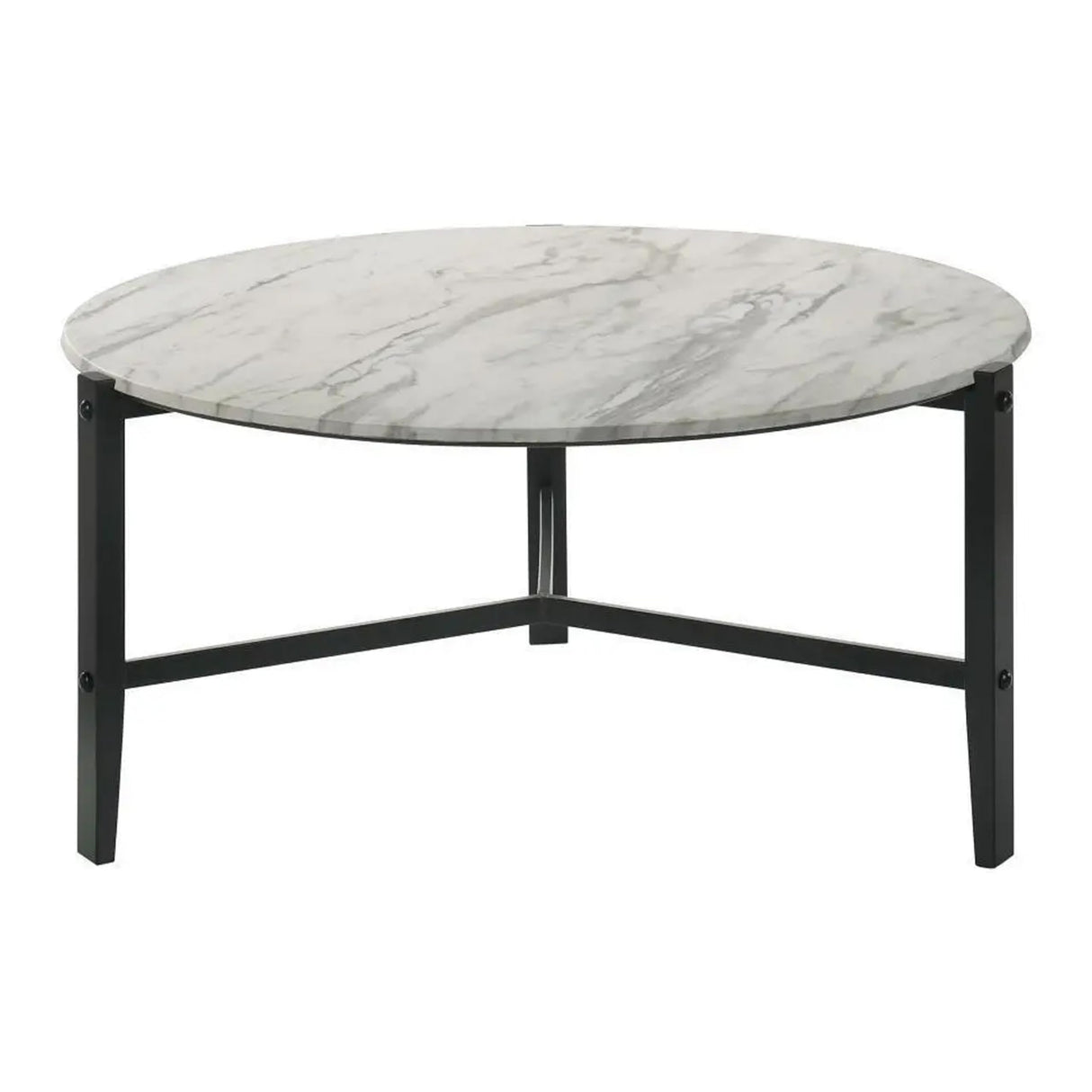 Zuko 36 Inch Round Coffee Table, Faux Marble Design, Interlocked Legs, White, Black