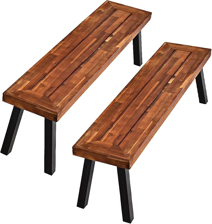 Outdoor Acacia Wood Bench, Patio Dining Bench Picnic Bench with Steel Legs