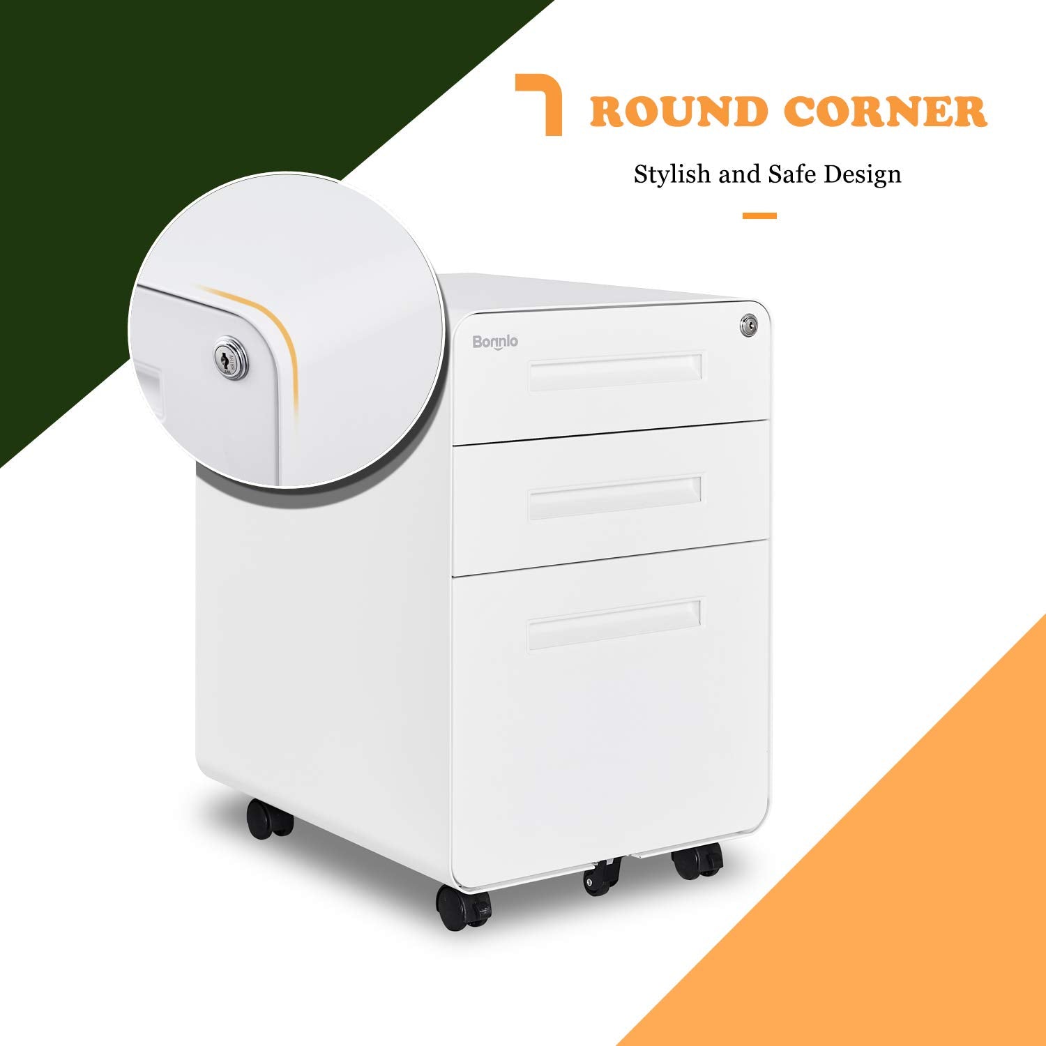 23.8" H 3 Drawer Rolling File Cabinet with Lock, Mobile File Cabinet Under Desk