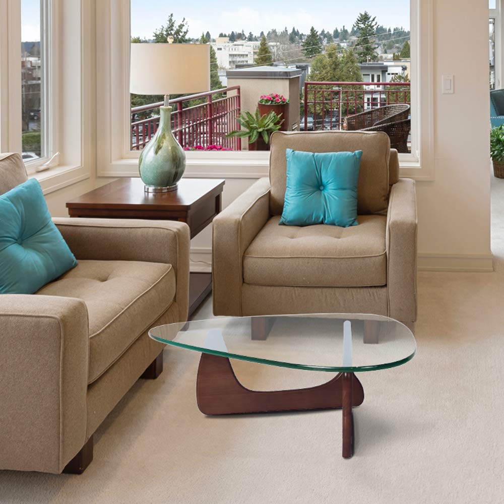 Noguchi Table Triangle Glass Coffee Table with Solid Wood Base