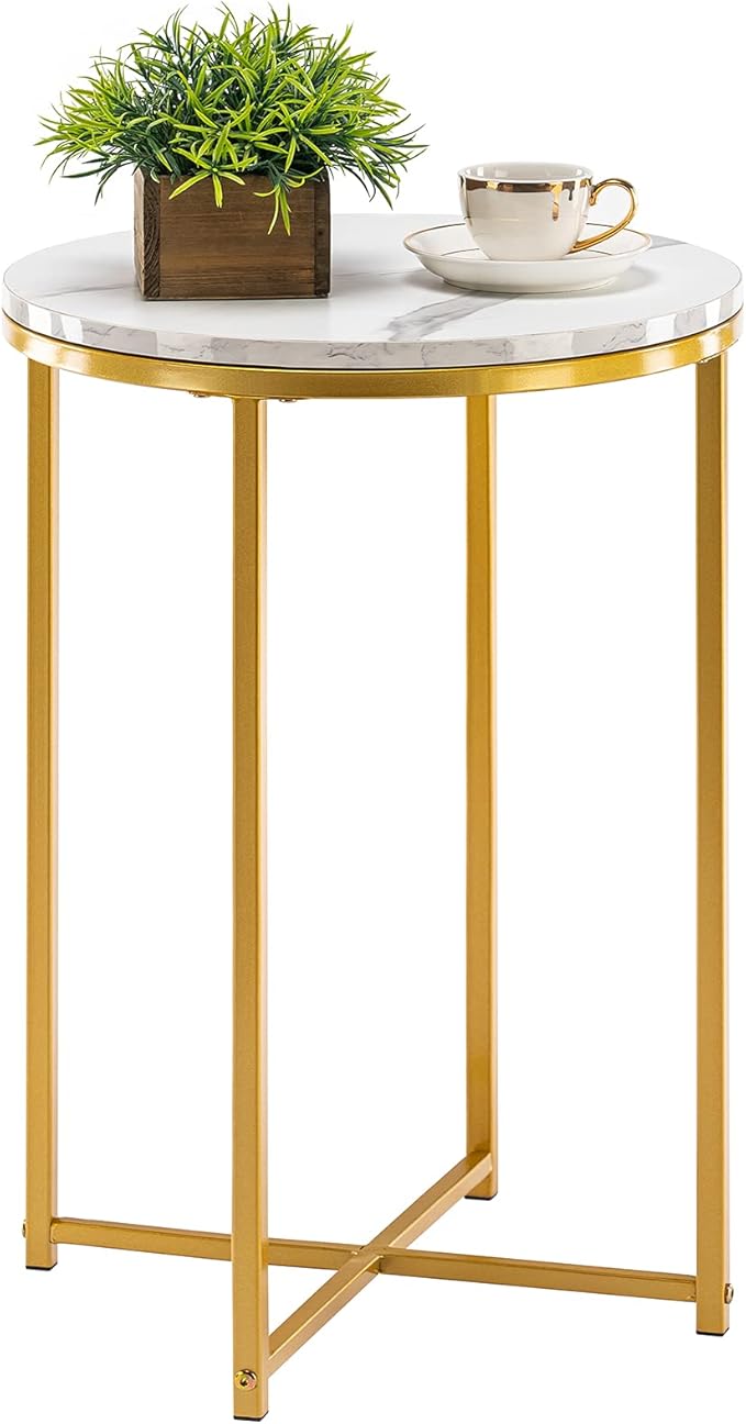 Round End Table, Faux Marble Sofa Side Table with Metal Frame, Modern Nightstand
