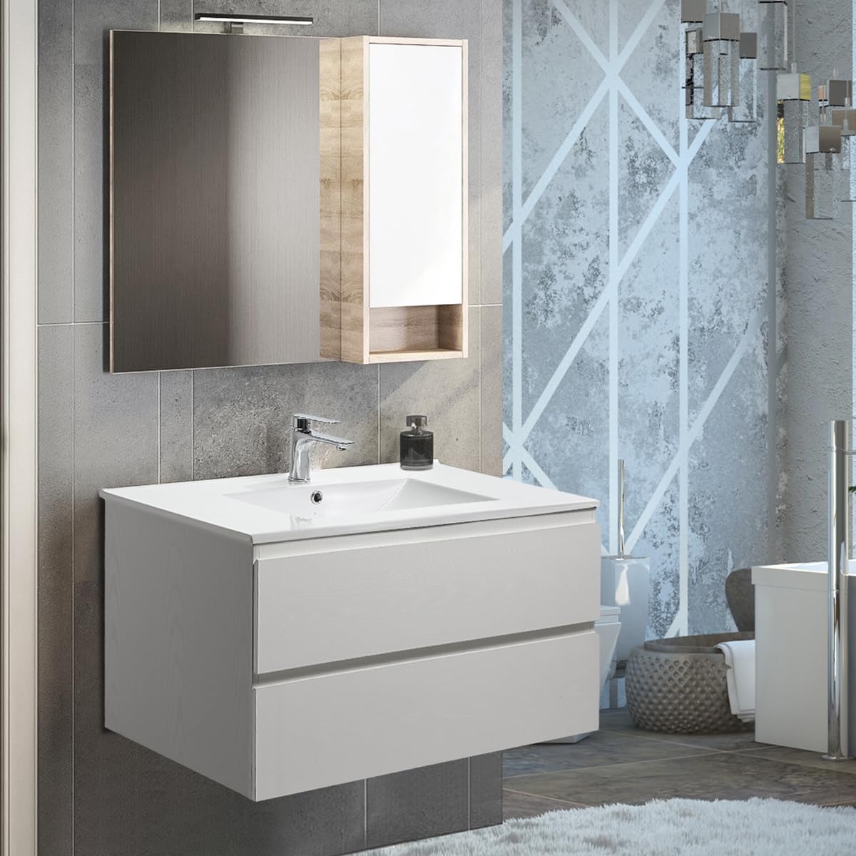 36" White Bathroom Vanity Wall Mounted Floating Vanity Two Drawers Storage Cabinet