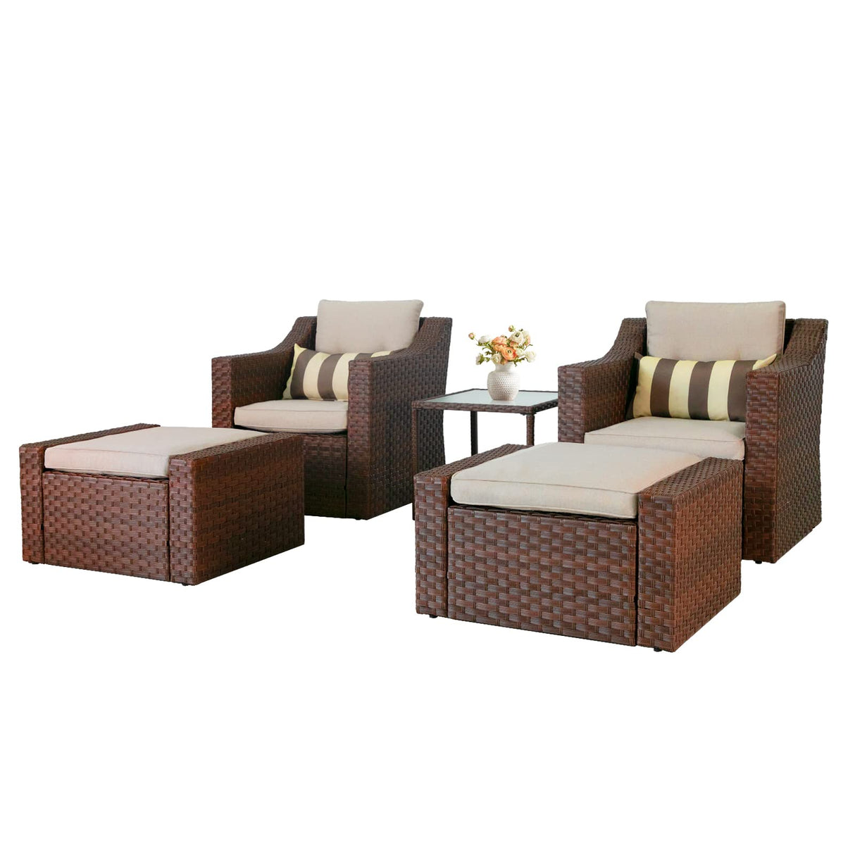5 Piece Patio Conversation Set Outdoor Furniture Set, Brown Wicker Lounge Chair