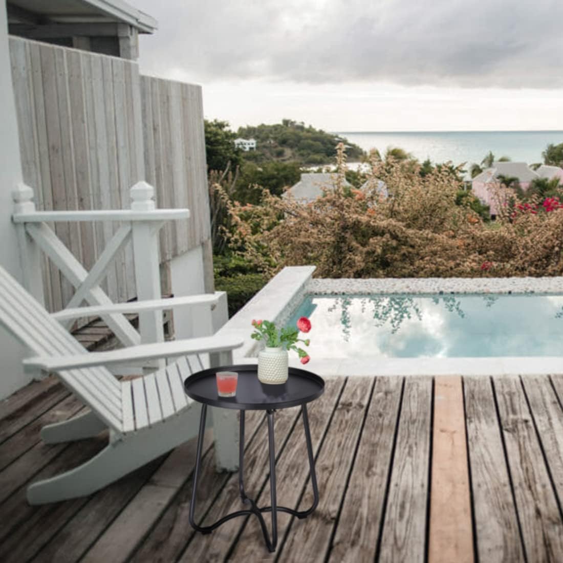 Round Metal Patio Side Table Black Outdoor End Table, Tray Top End Table