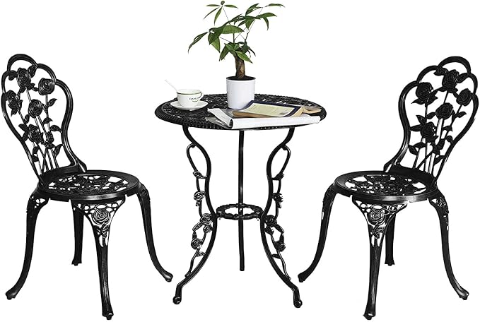 Cast Aluminum Bistro Set of 4, Patio Rose Table and Chair Set with Umbrella Hole
