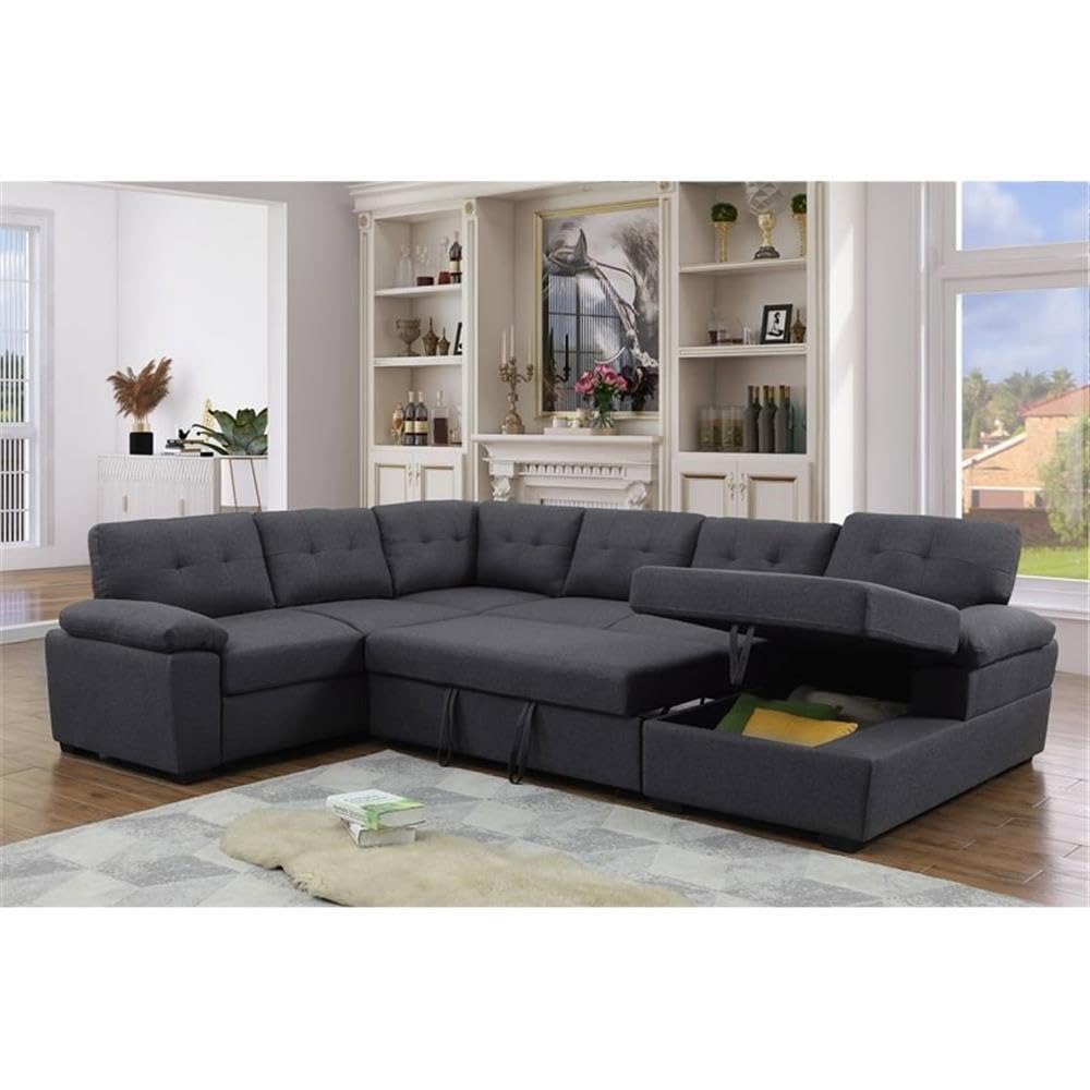 5-Seat Fabric Sleeper Sectional Sofa with Storage in Dark Gray