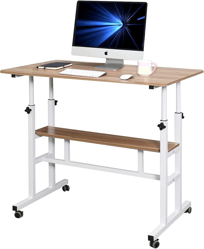 Adjustable Computer Desk with Double-Layer, Rustic