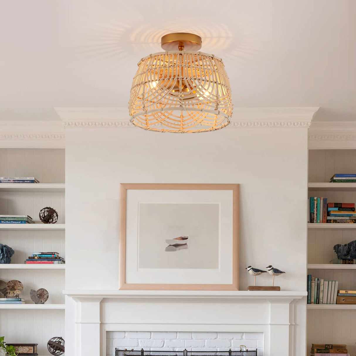 Woven Rattan Bamboo Brass Flush Mount Ceiling Light, Wicker Light Fixture for Entryway